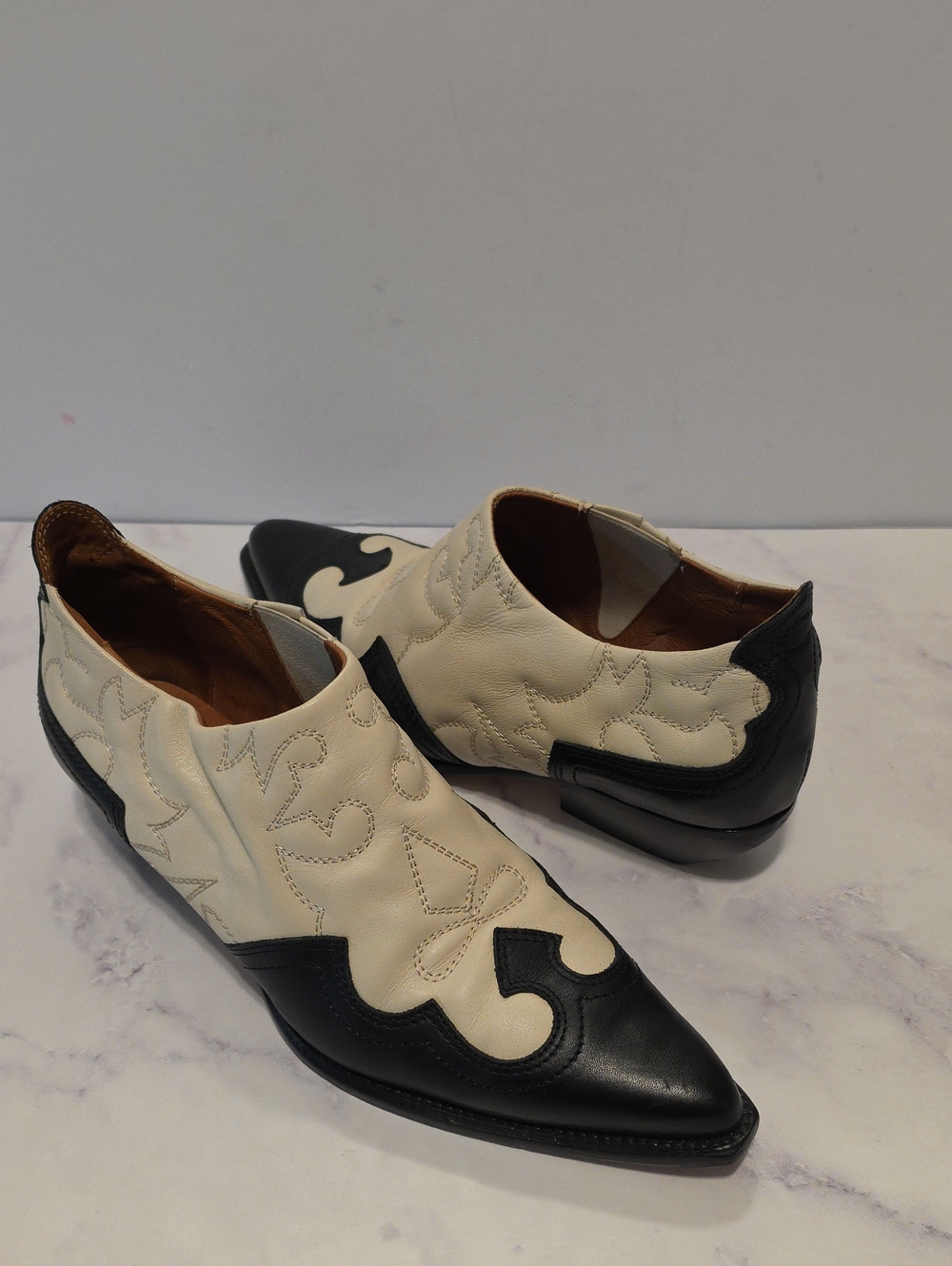 Zilian Two Tone Leather Western Cowboy Mules Low Boots Pointed Toe